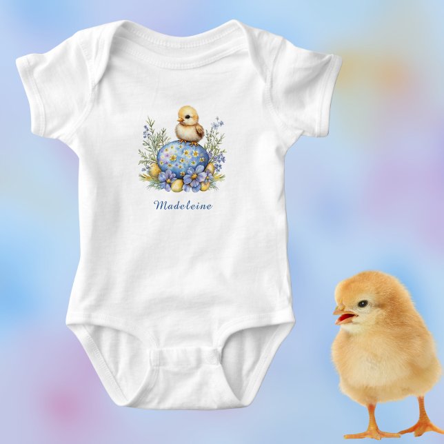 Body Para Bebê Cute Baby Chick Easter Egg Blue Yellow Monogram (Criador carregado)