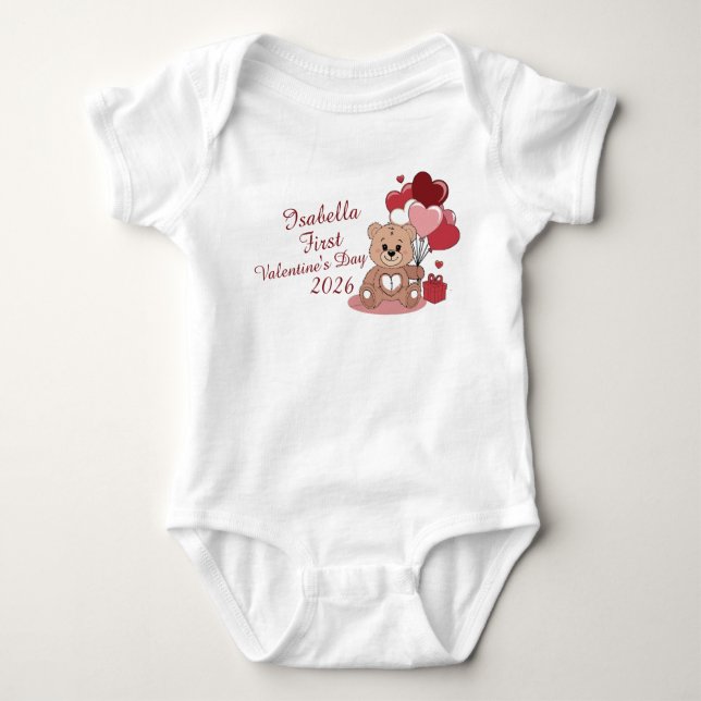 Body Para Bebê Cute Bear First Valentine's Day 2026 Personalized  (Frente)