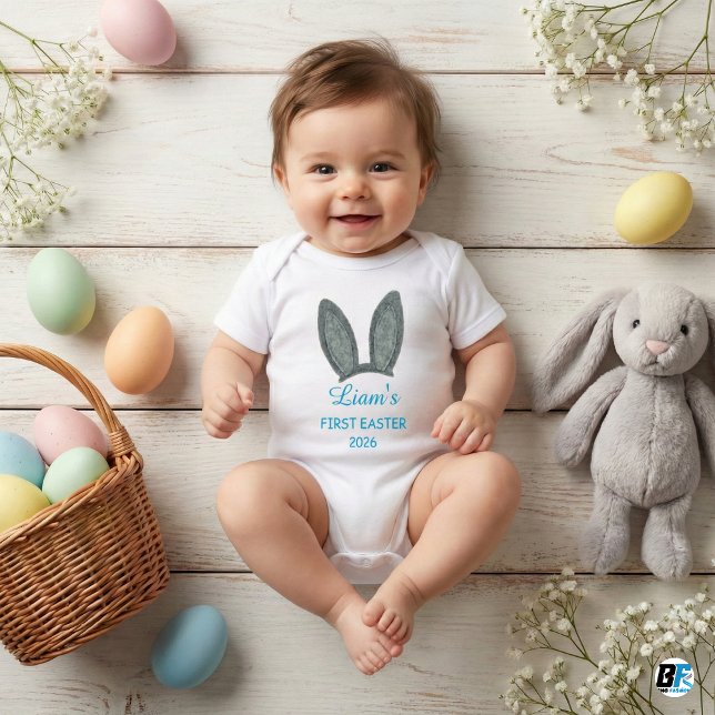 Body Para Bebê Cute Bunny Ears Boy First Easter 2026 Personalized (Criador carregado)