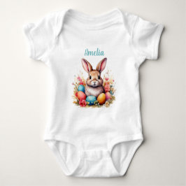 Body Para Bebê Cute Bunny Eggs Flowers Happy Easter Name