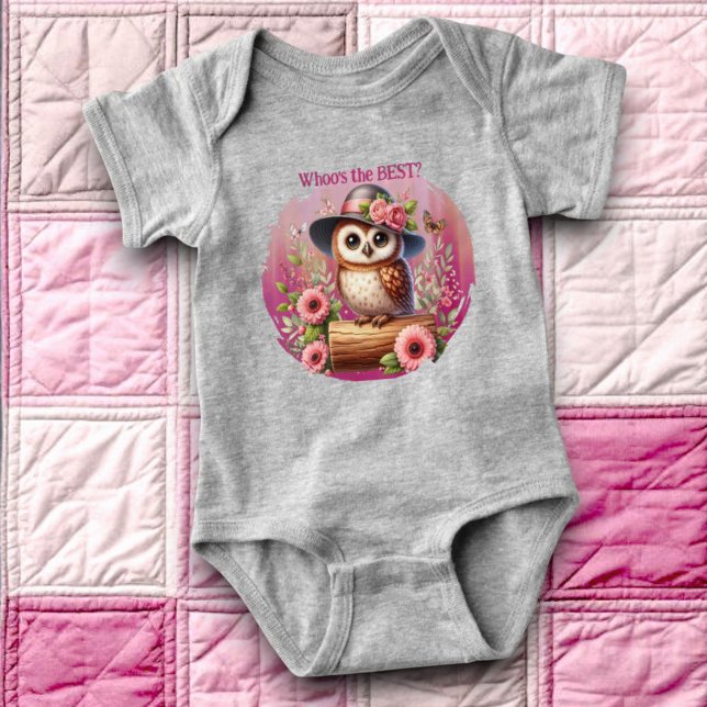 Body Para Bebê Cute Owl with Hat & Floral Scene (Owl art baby bodysuit with template text)