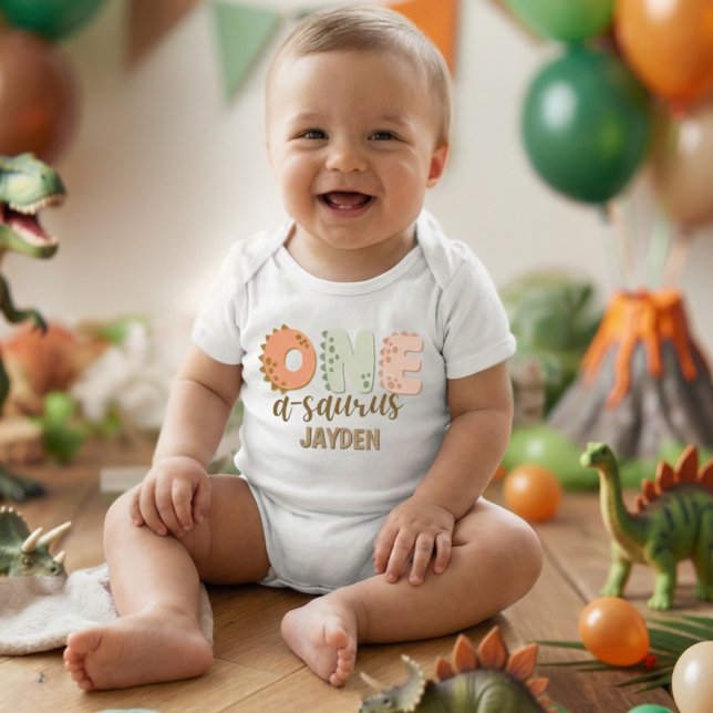 Body Para Bebê Cute Pastel One A Saurus Dinosaur Birthday (Criador carregado)