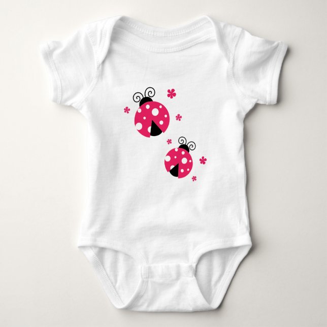 Body Para Bebê Cute Pink Labybirds and Flowers (Frente)