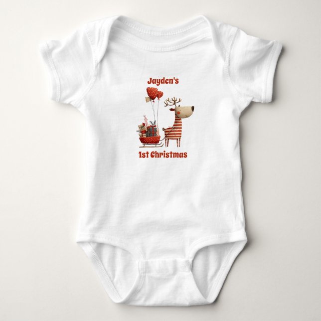Body Para Bebê Cute Red Baby Boy Girl Reindeer 1st Christmas  (Frente)