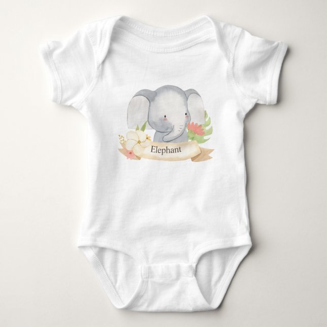 Body Para Bebê Cute Watercolor Safari Animal Baby Elepher (Frente)