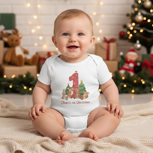 Body Para Bebê Cute Woodland Animals Baby First Christmas Red 1 (Criador carregado)