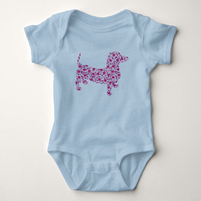 Body Para Bebê Dachshund feito em pequenos Corações Rosa (Frente)