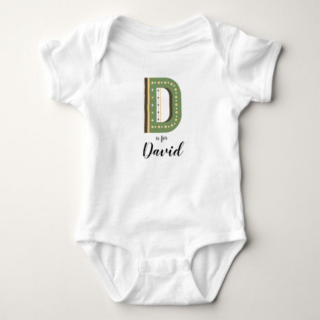 Body Para Bebê David Name Reveal - Letra D Boy Retro Green Modern (Frente)