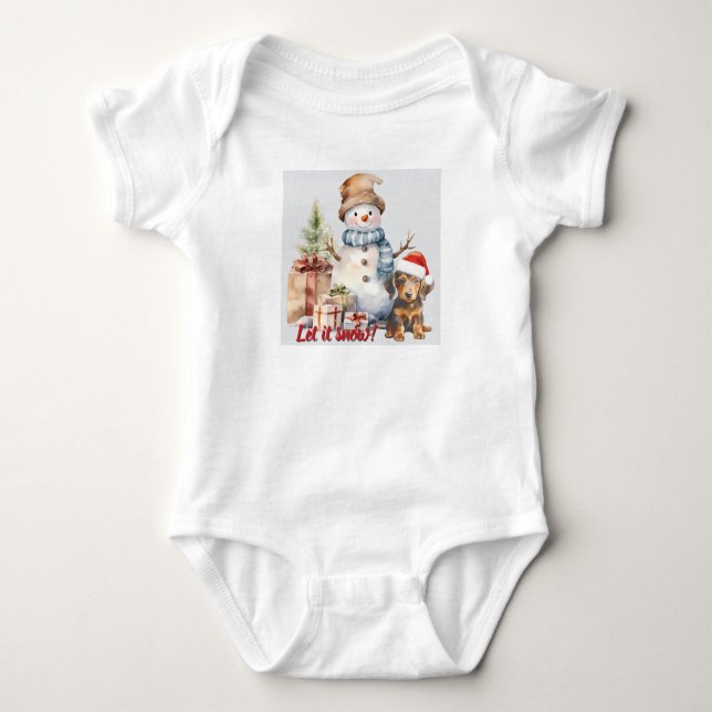 Body Para Bebê Deixe-o Neve Dachshund e Snowman Holiday (Frente)