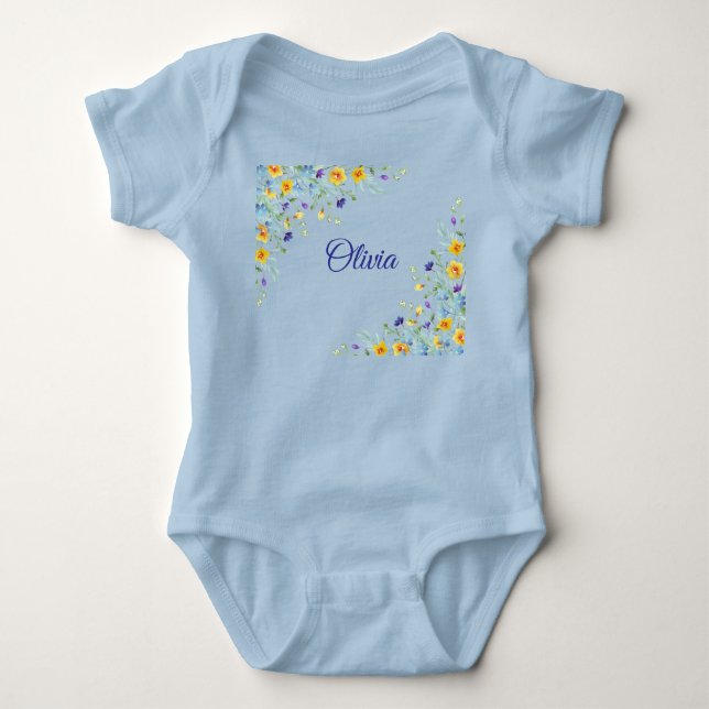 Body Para Bebê Delicadas Flores Silvestres em azul (Frente)