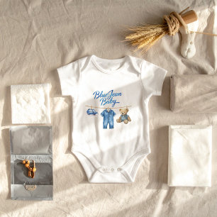 Body Para Bebê Denim Bear Clothesline Boy Blue Jean Chá de fralda