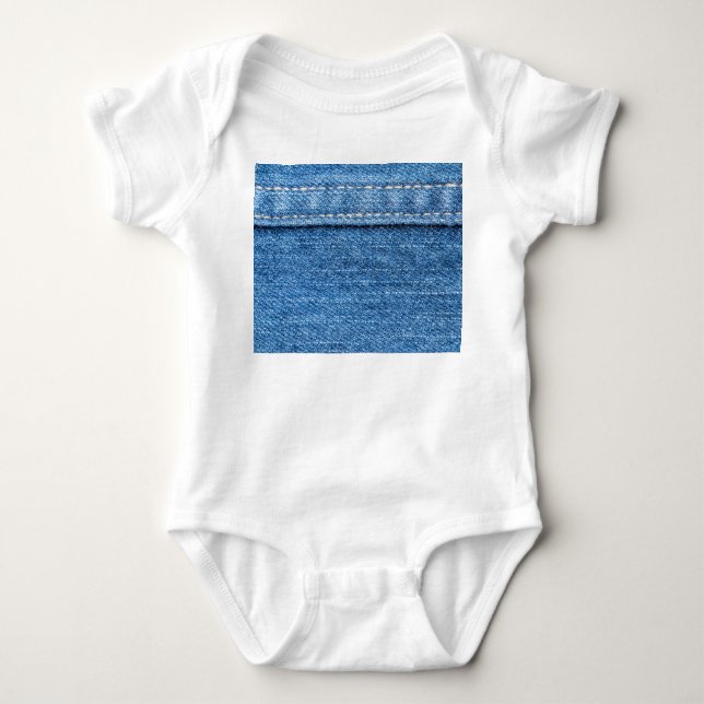 Body Para Bebê Denim Blue: Textura clássica de Jeans. (Frente)