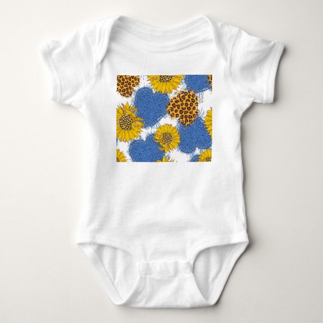 Body Para Bebê Denim Hearts Leopard Sunflower Standard (Frente)
