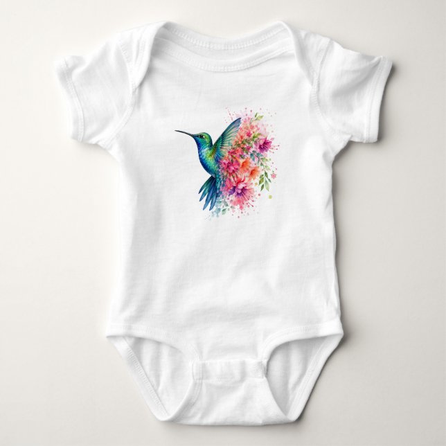 Body Para Bebê Desenho de Beija-flor em Aquarela com Flores Vibra (Frente)