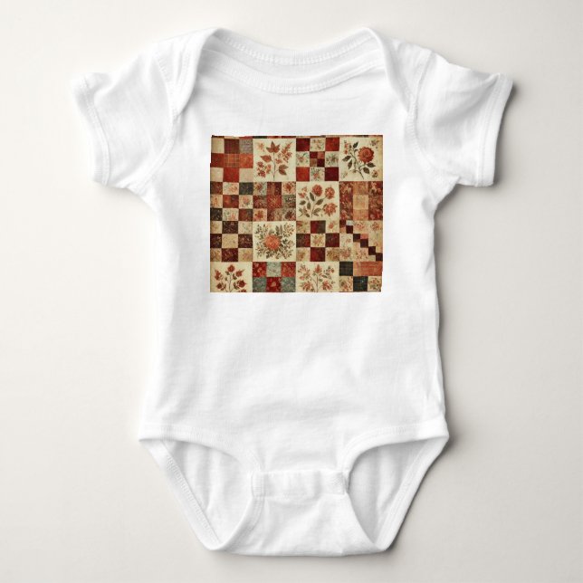 Body Para Bebê Desenho Floral Rústico em Terracota em Patchwork (Frente)