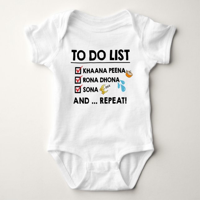 Body Para Bebê Desi Baby To Do List! (Coma, Chore, Durma) (Frente)