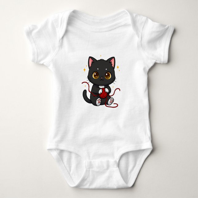 Body Para Bebê Design Chibi de Gato Preto Divertido (Frente)