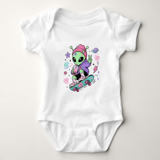 Body Para Bebê Design de Bubble Tea com Alien Kawaii Skatista (Frente)