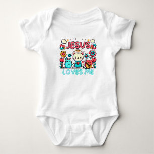 Body Para Bebê design de "Jesus me ama" com um desenho animado