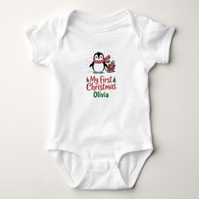 Body Para Bebê Design de Primeiro Natal do Pinguim com Nome Perso (Frente)