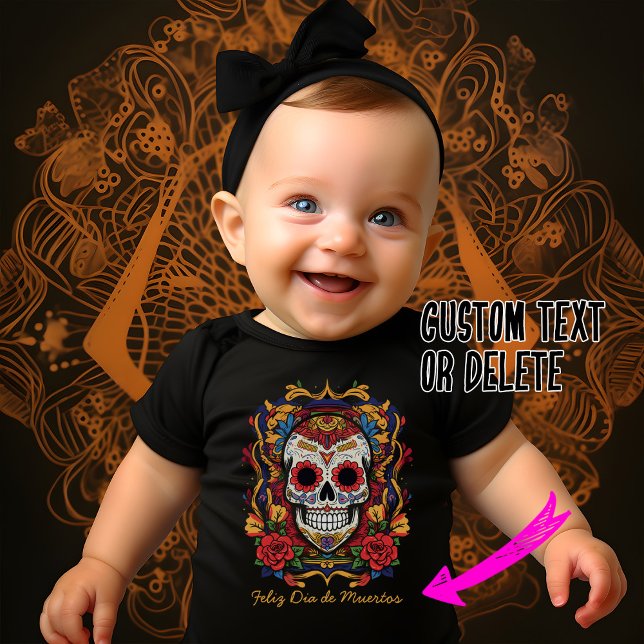 Body Para Bebê Dia de Muertos ☠️ Crânio de Açúcar (Super cite Sugar Skull baby body suit with custom text. Feliz Dia de Muertos!)