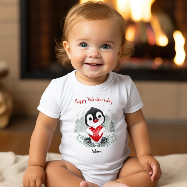 Body Para Bebê Dia dos Namorados Nome Personalizado Pinguim Fofo (Valentine's day Personalized Baby Bodysuit)