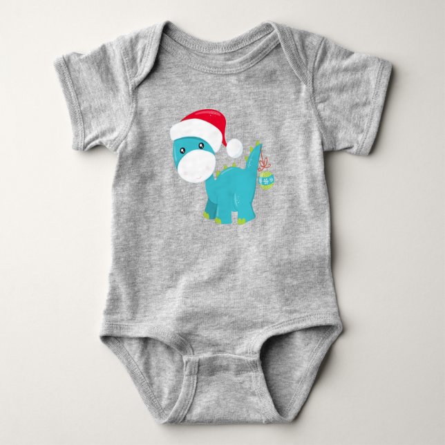 Body Para Bebê Dinossauro de Natal, Santa Hat, Dino, Brontossauro (Frente)