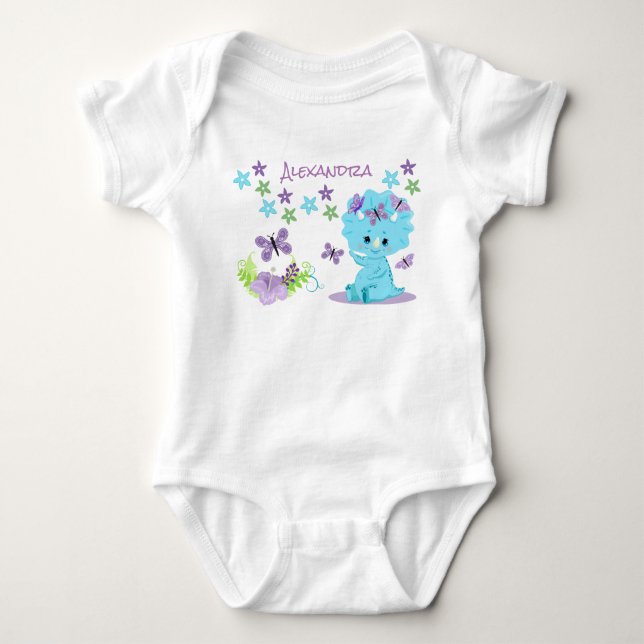 Body Para Bebê Dinossauro Floral Azul Personalizado (Frente)