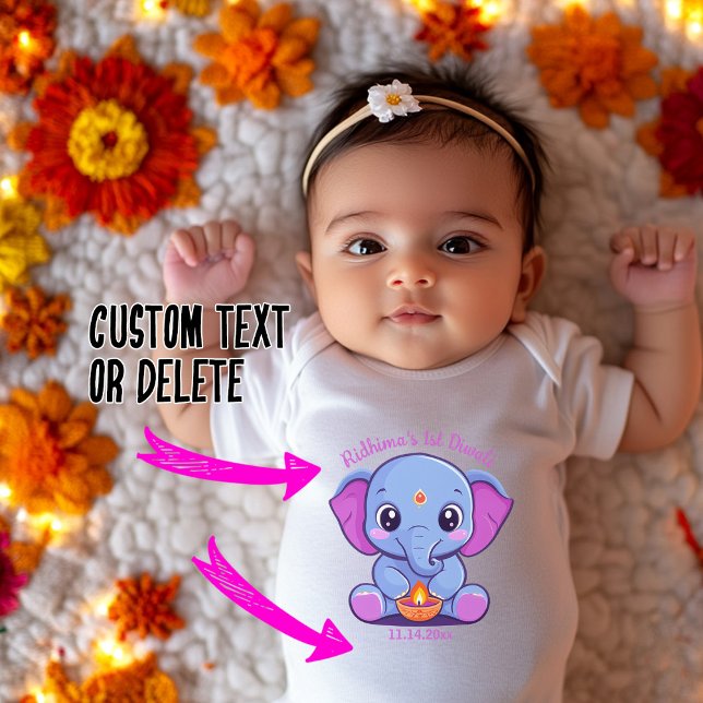 Body Para Bebê Diwali, 1rua do bebê, com elefante giro (Baby's 1st Diwali with cute elephant Baby Bodysuit with custom text)
