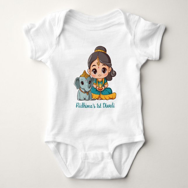 Body Para Bebê Diwali, 1rua do bebê, com elefante giro (Frente)