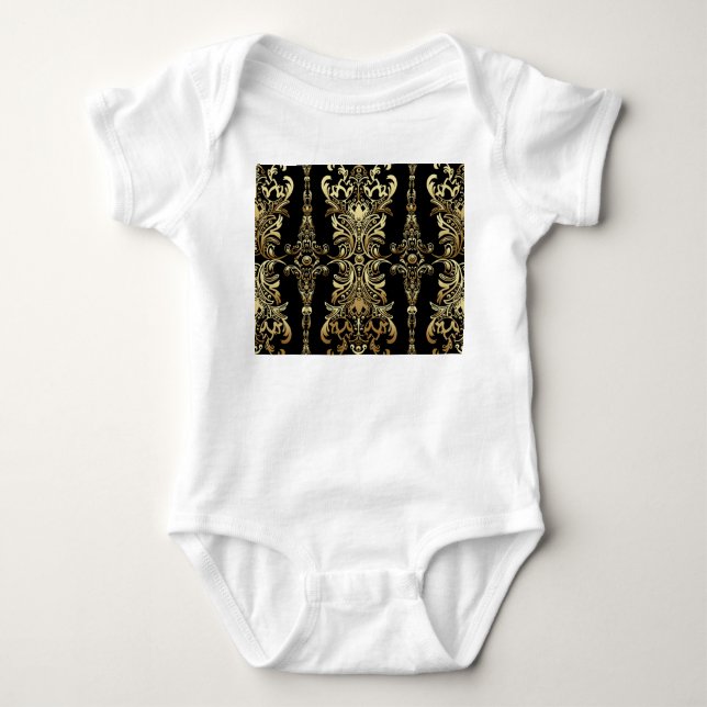 Body Para Bebê Dourado Damask, Padrão Árabesco Floral. (Frente)