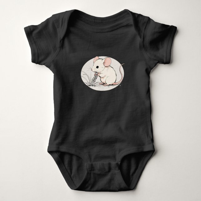 Body Para Bebê Drawing of a White Mouse nibbling Wheat Grains (Frente)