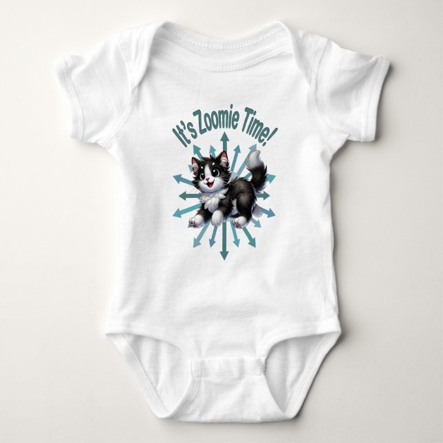Body Para Bebê É Zoomie Time White Black & White Cat (Frente)