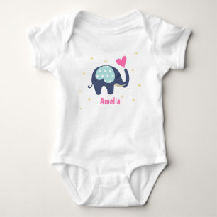 Body Para Bebê Elefante-Cinza-branca e Coração-Rosa Personalizado