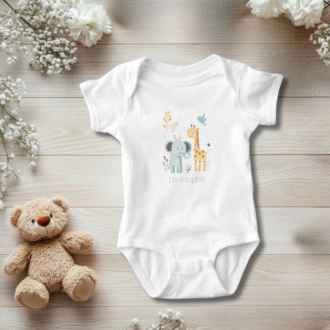 Body Para Bebê Elefante Personalizado Garoto De Aves Girafa (Elephant Giraffe Bird Personalized Baby Body Suit for baby boy. Baby shower gift)