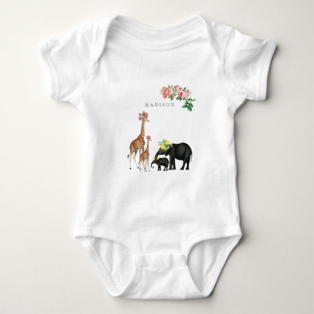 Body Para Bebê Elephant & Giraffe Floral Custom Baby Name (Frente)