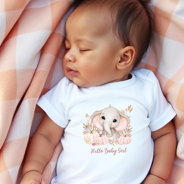 Body Para Bebê Elephant Pink Pumpkin Fall Girl (Cute Elephant Pink Pumpkins Fall Girl Baby Bodysuit)