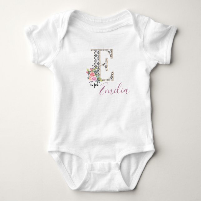Body Para Bebê Emilia Name Baby Outfit Letter Romper Floral Girl (Frente)