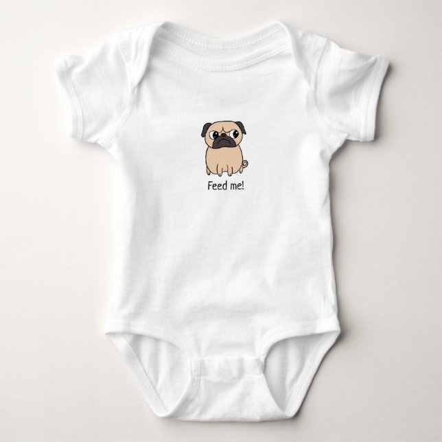 Body Para Bebê Engraçado, Pug, me dê comida (Frente)