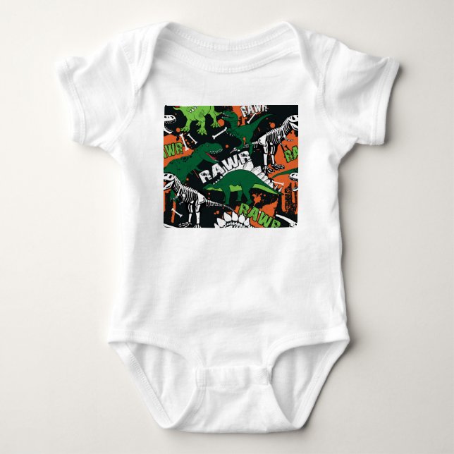 Body Para Bebê Esqueleto de dinossauro, padrão contínuo grunge. (Frente)