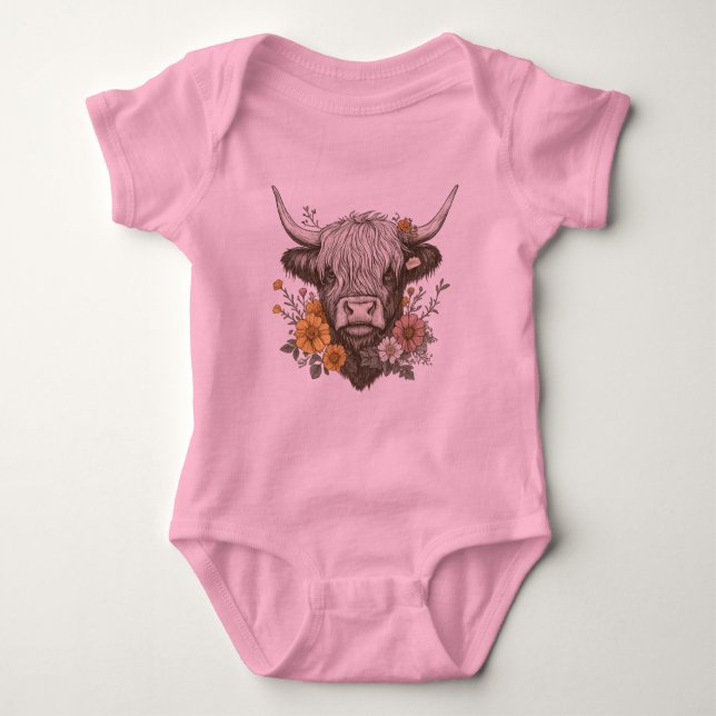 Body Para Bebê Estilo de fazenda - Gráfico de Vaca Highland (Frente)