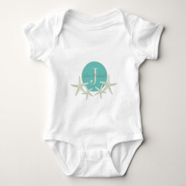 Body Para Bebê Estrela-do-Mar Turquesa Monogramada em Aquarela (Frente)