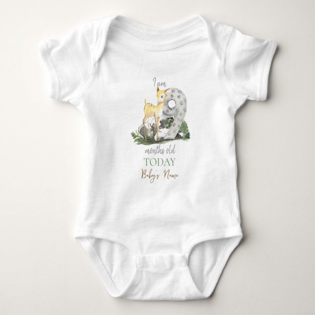 Body Para Bebê Eu sou "9" Meses Antigo Citação Tema Florestal Beb (Frente)