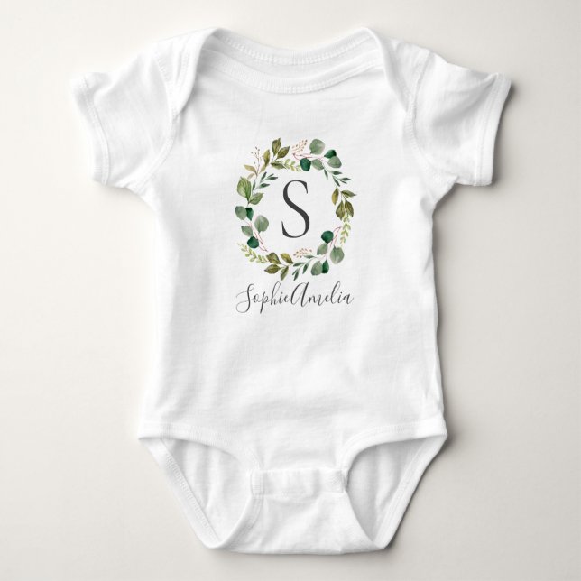 Body Para Bebê Eucalyptus Leafy Wreath Nome Personalizado do Bebê (Frente)