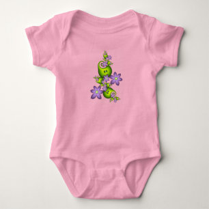 Body Para Bebê Fantasia Floral Flores Lilás Formas Verdes Fractal