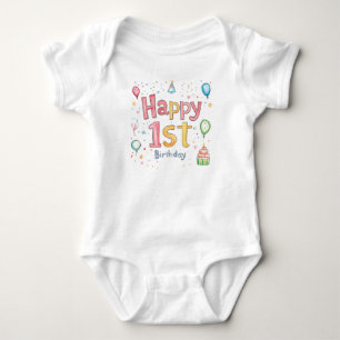 Body Para Bebê Feliz 1º Aniversário – Cartão de Aniversário Fofo 