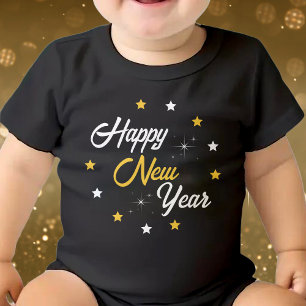 Body Para Bebê Feliz ano novo Preto Branco e Dourado