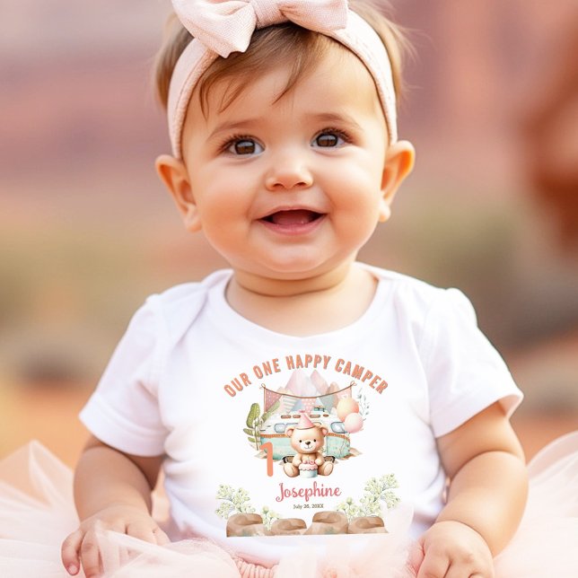 Body Para Bebê Feliz Camper Summer primeiro aniversario Girl (Happy Camper Summer 1st Birthday Girl Baby Bodysuit)