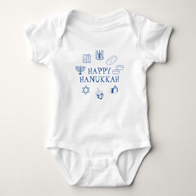 Body Para Bebê Feliz Hanukkah, azul, branco e bonito (Frente)