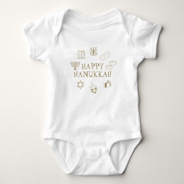 Body Para Bebê Feliz Hanukkah, dourado, branco e fofo (Frente)